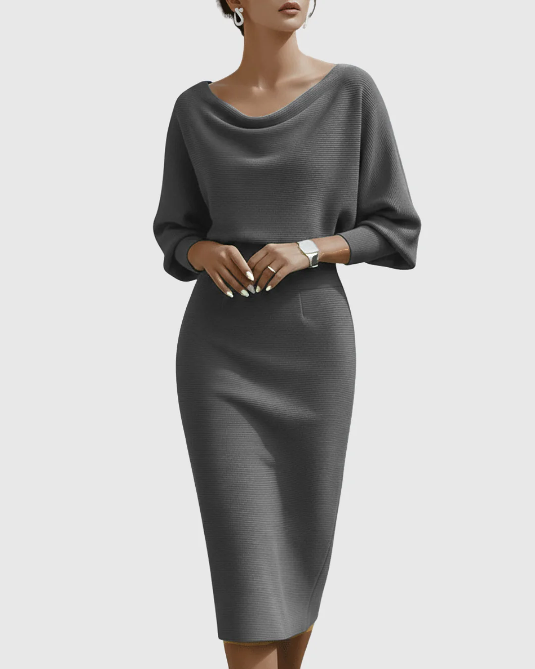 Vivienne | Women's Cowl Neck Batwing Sleeve Ribbed Midi Dress - Image 2