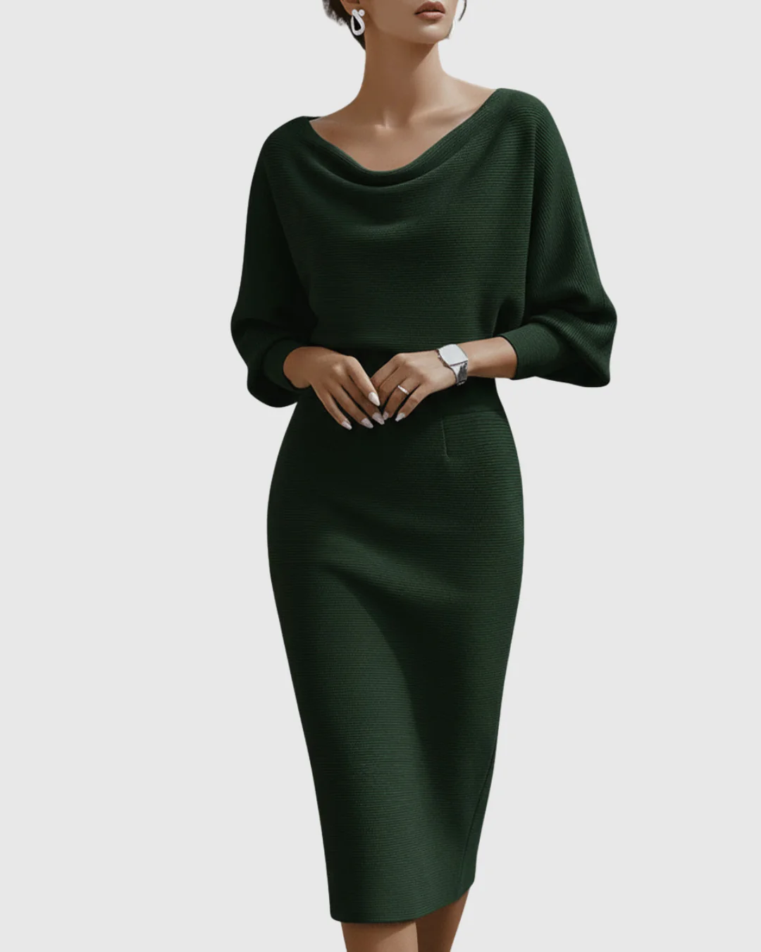 Vivienne | Women's Cowl Neck Batwing Sleeve Ribbed Midi Dress - Image 3