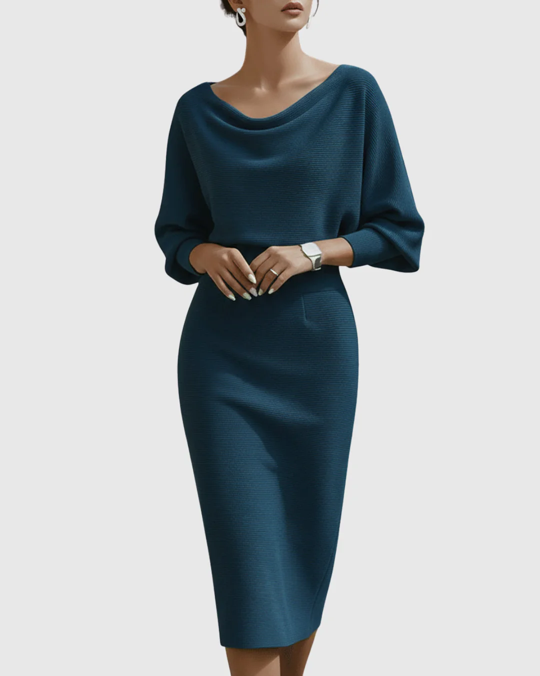 Vivienne | Women's Cowl Neck Batwing Sleeve Ribbed Midi Dress - Image 4