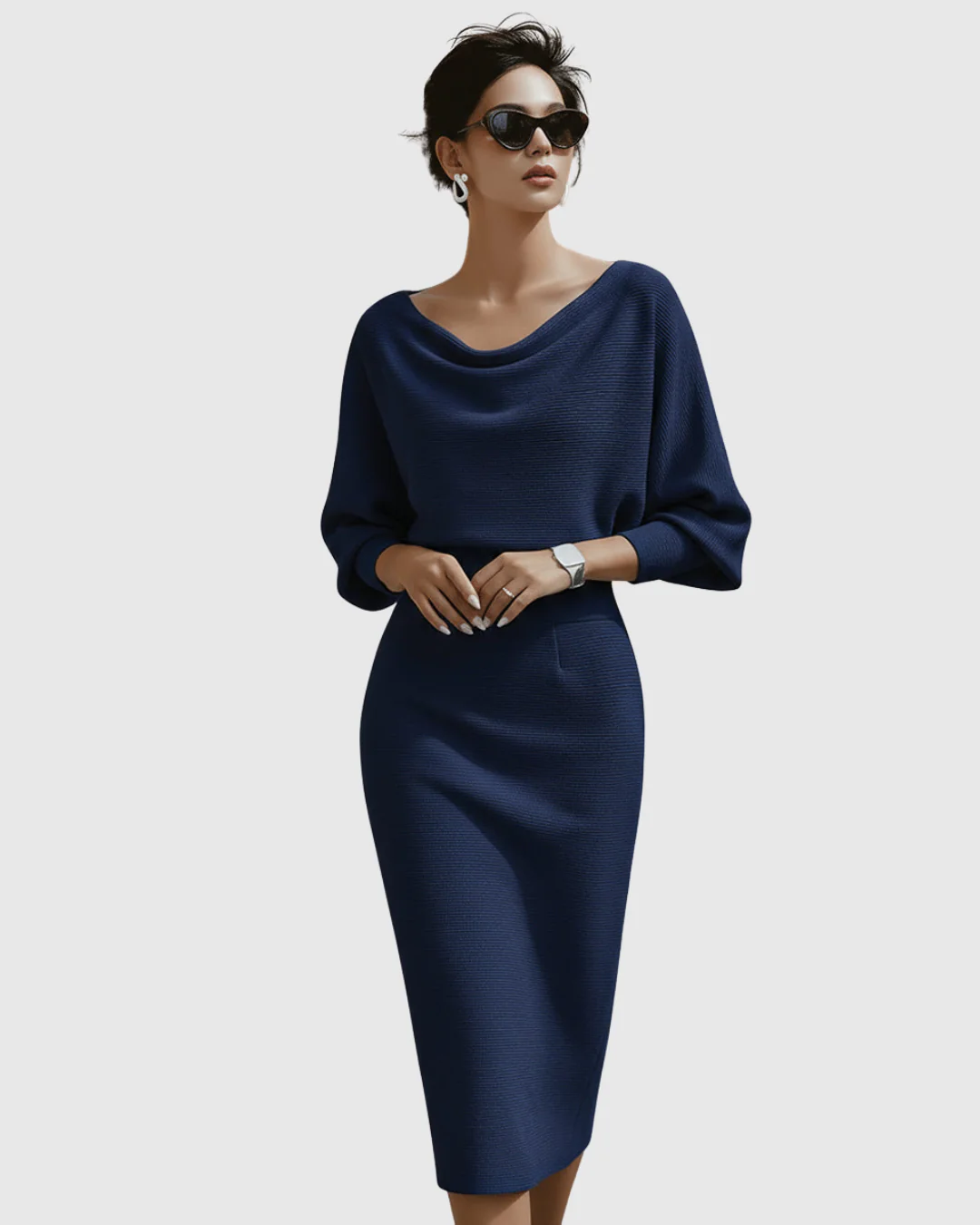 Vivienne | Women's Cowl Neck Batwing Sleeve Ribbed Midi Dress - Image 6