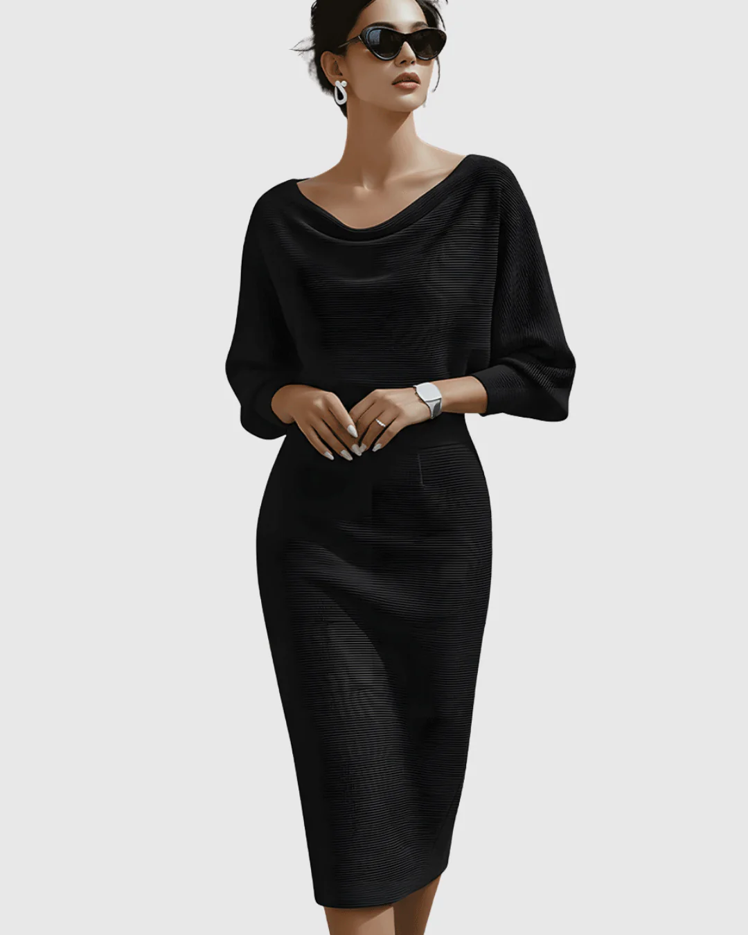 Vivienne | Women's Cowl Neck Batwing Sleeve Ribbed Midi Dress - Image 7