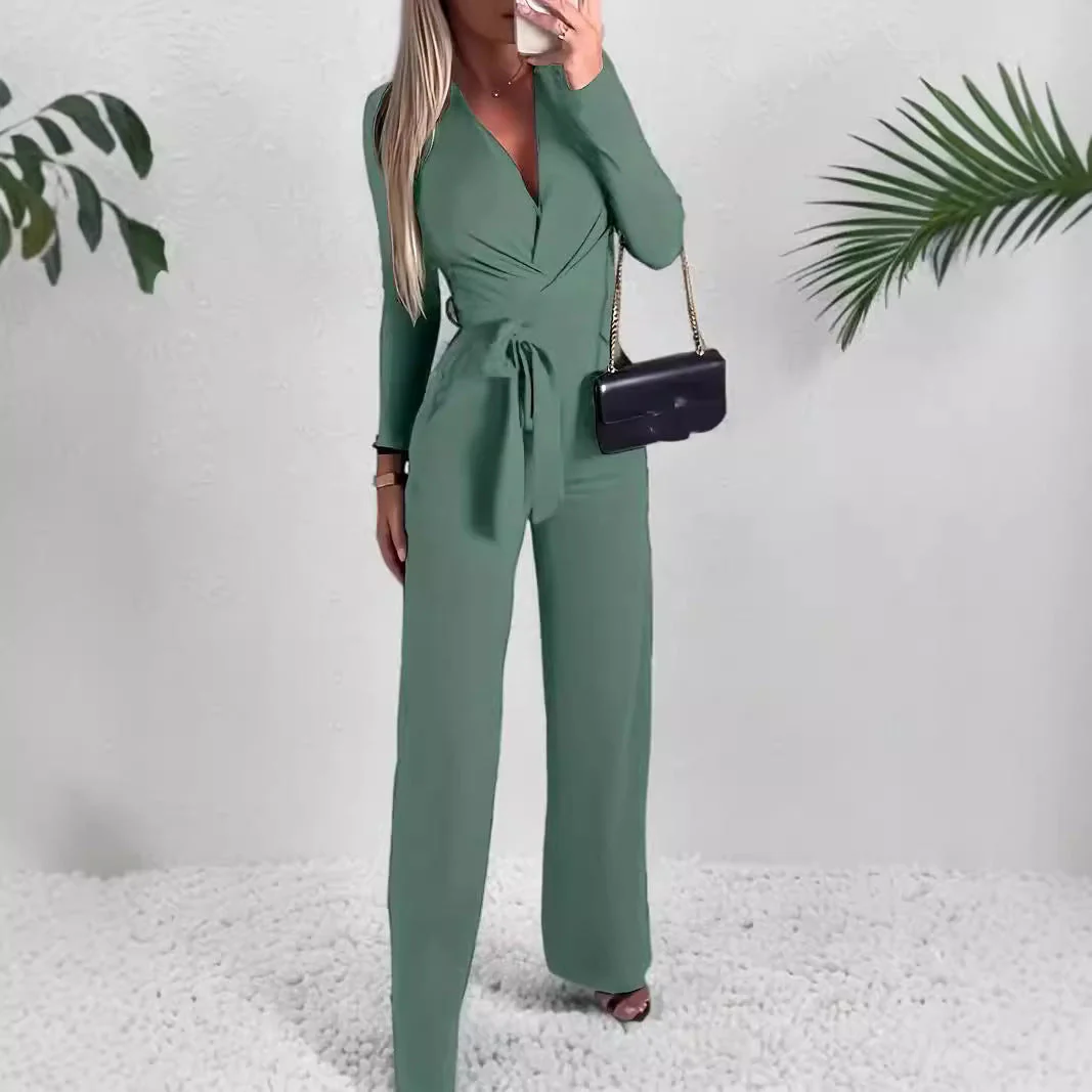 Vivienne | Women's Wide Leg Jumpsuit V-Neck Tie Waist
