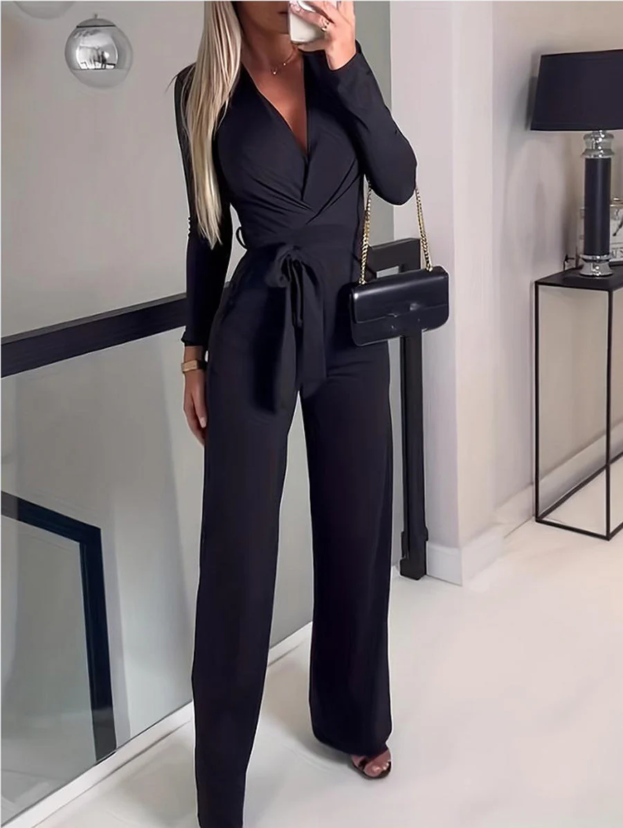 Vivienne | Women's Wide Leg Jumpsuit V-Neck Tie Waist - Image 2