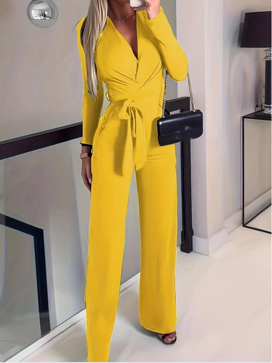 Vivienne | Women's Wide Leg Jumpsuit V-Neck Tie Waist - Image 3