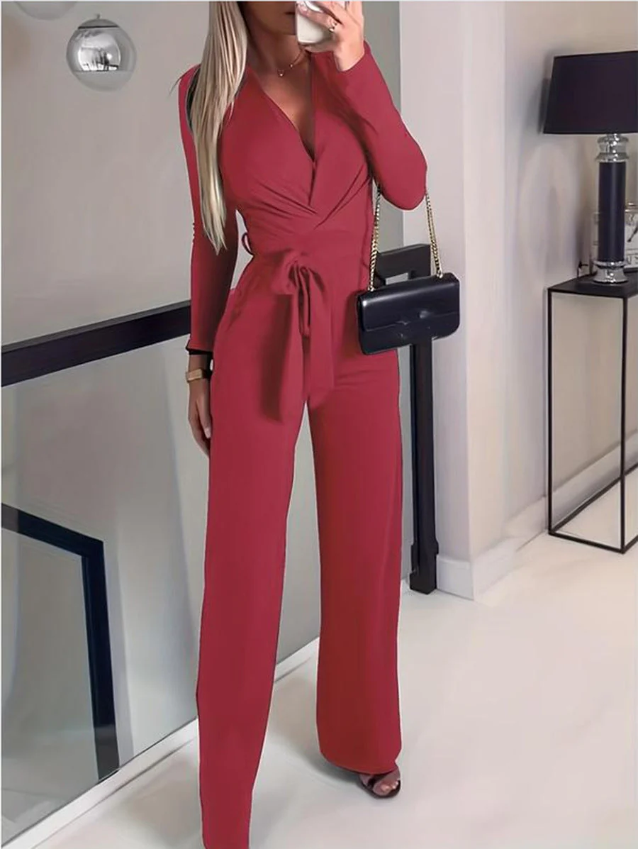 Vivienne | Women's Wide Leg Jumpsuit V-Neck Tie Waist - Image 4