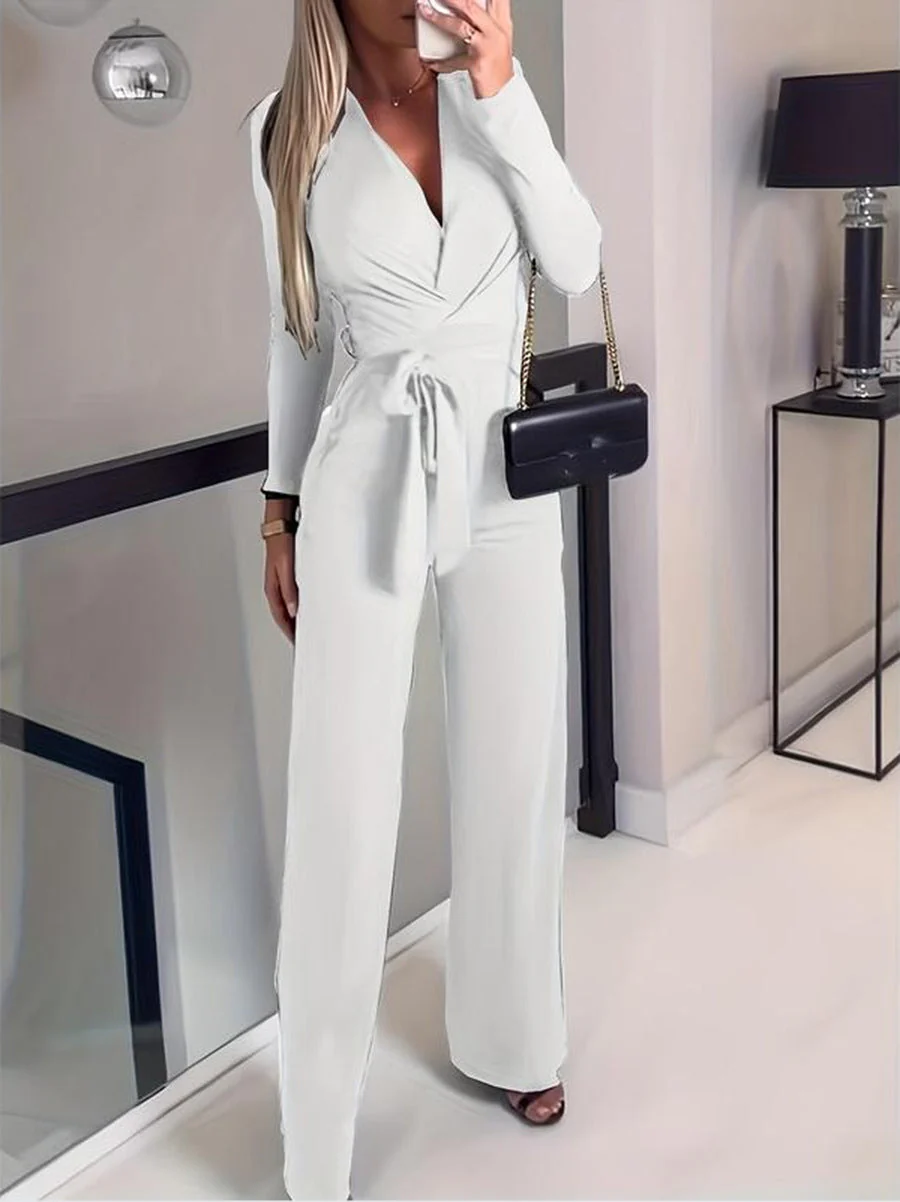 Vivienne | Women's Wide Leg Jumpsuit V-Neck Tie Waist - Image 5