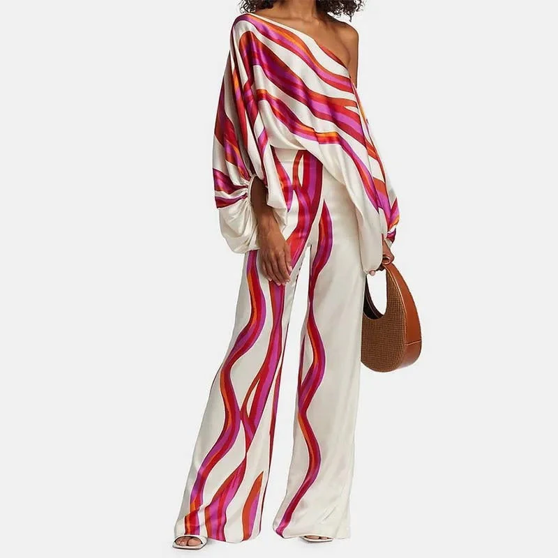Wave | Women's Printed Two Piece Set Off Shoulder Top Wide Leg Pants - Image 2
