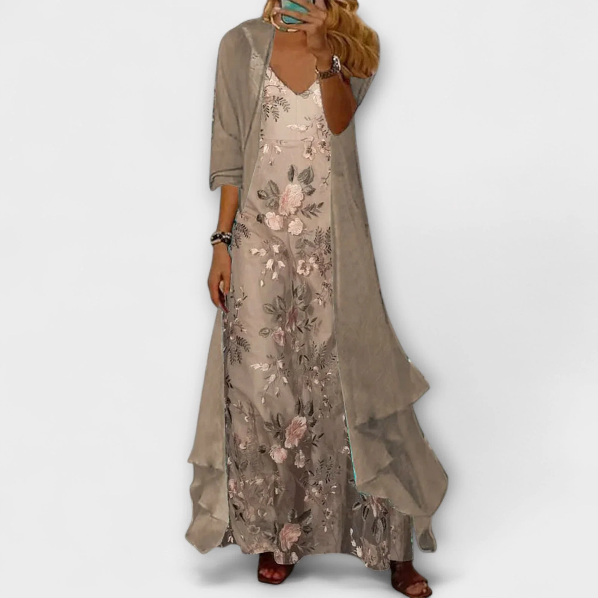 Willow | Women's Floral Maxi Dress with Longline Cardigan Set