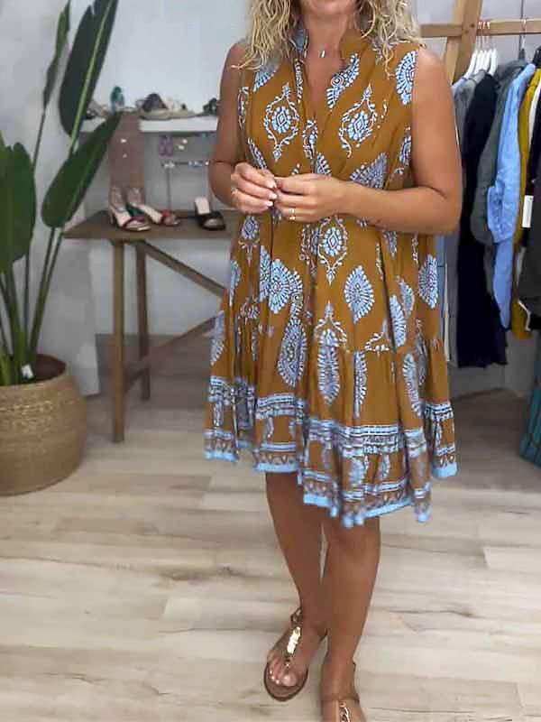 Zara | Women's Boho Print V-Neck Sleeveless Tiered Mini Dress - Image 4