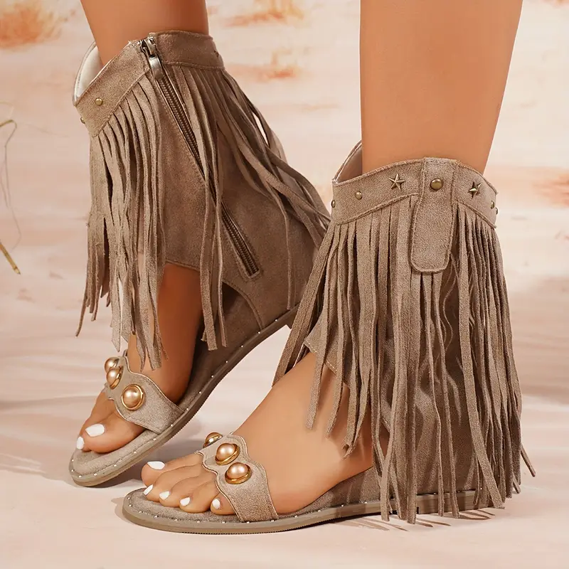 Zara | Women's Fringe Ankle Sandals with Zipper - Image 5