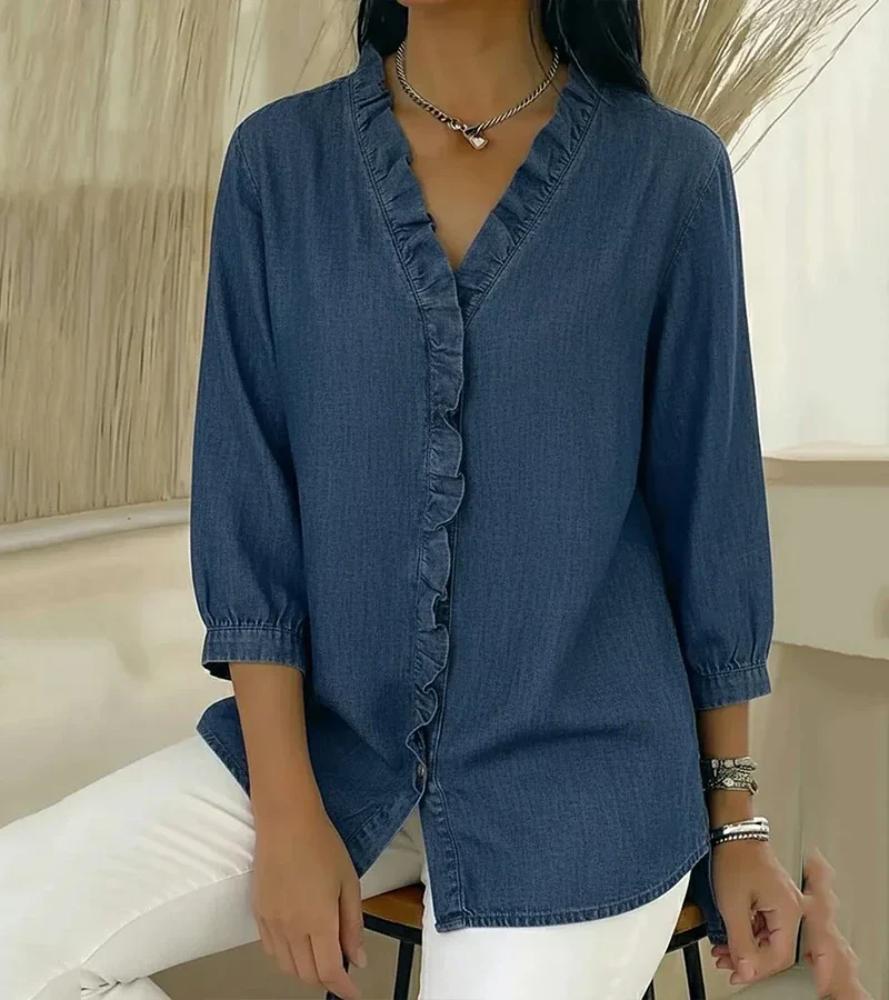 Zara | Women's Ruffle V-Neck 3/4 Sleeve Blouse - Image 3
