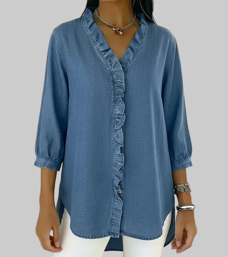 Zara | Women's Ruffle V-Neck 3/4 Sleeve Blouse - Image 6