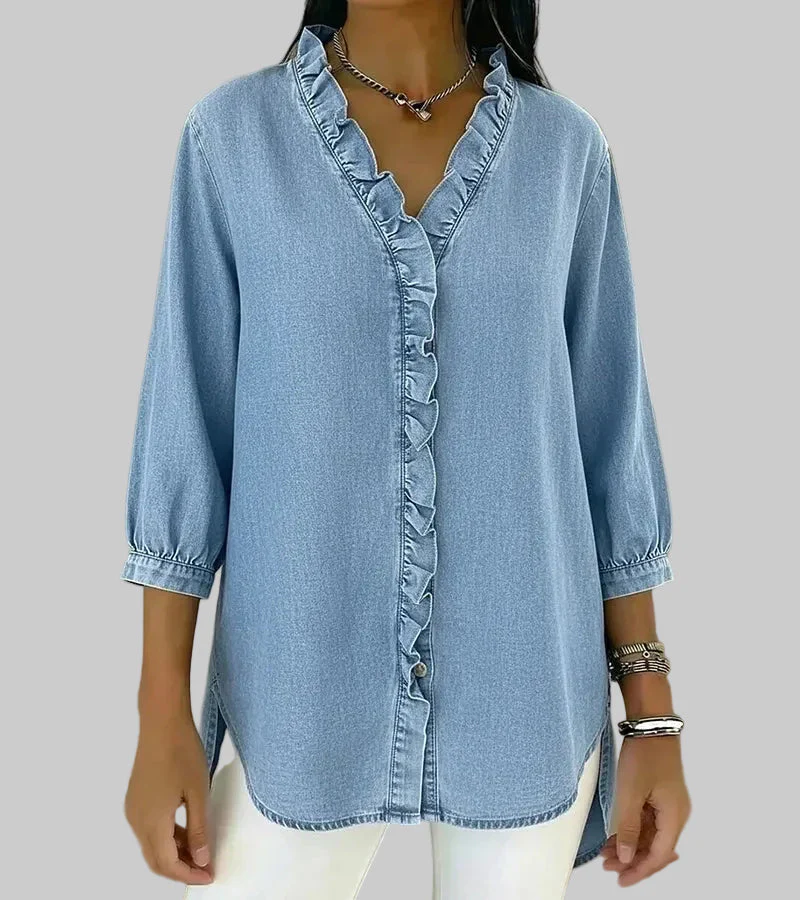 Zara | Women's Ruffle V-Neck 3/4 Sleeve Blouse - Image 9
