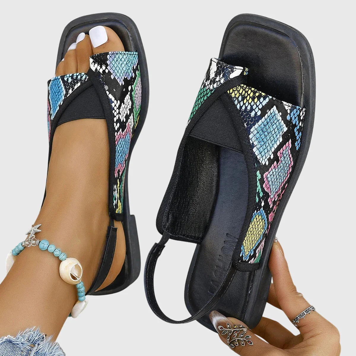 Zara | Women's Square Toe Colorblock Slip-On Flat Sandals - Image 3