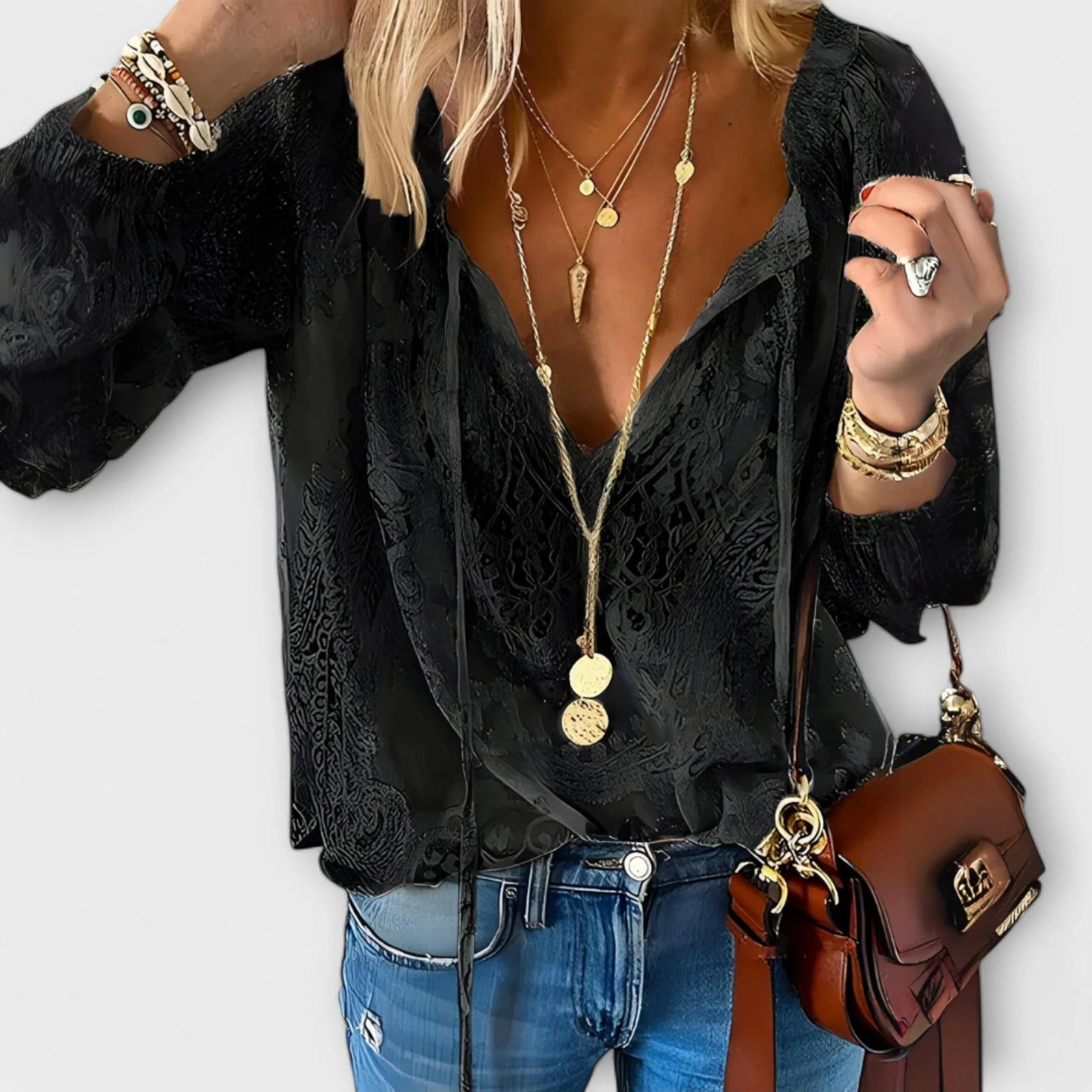 Zeleste | Women's Lace V-Neck Blouse Long Sleeve Boho Top - Image 2