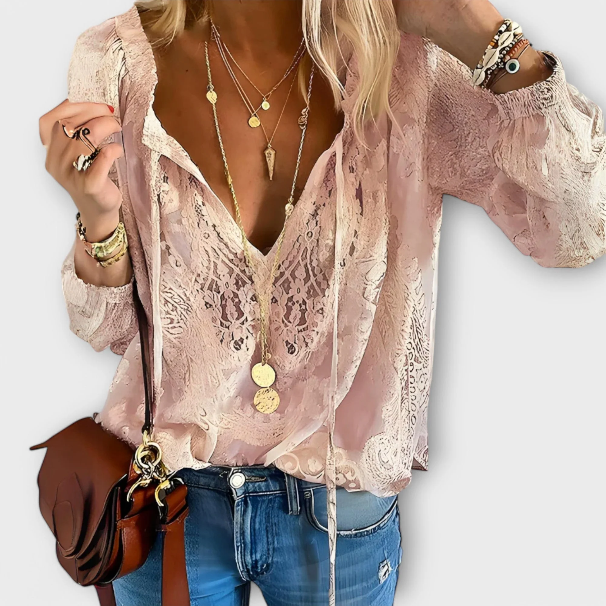 Zeleste | Women's Lace V-Neck Blouse Long Sleeve Boho Top - Image 3