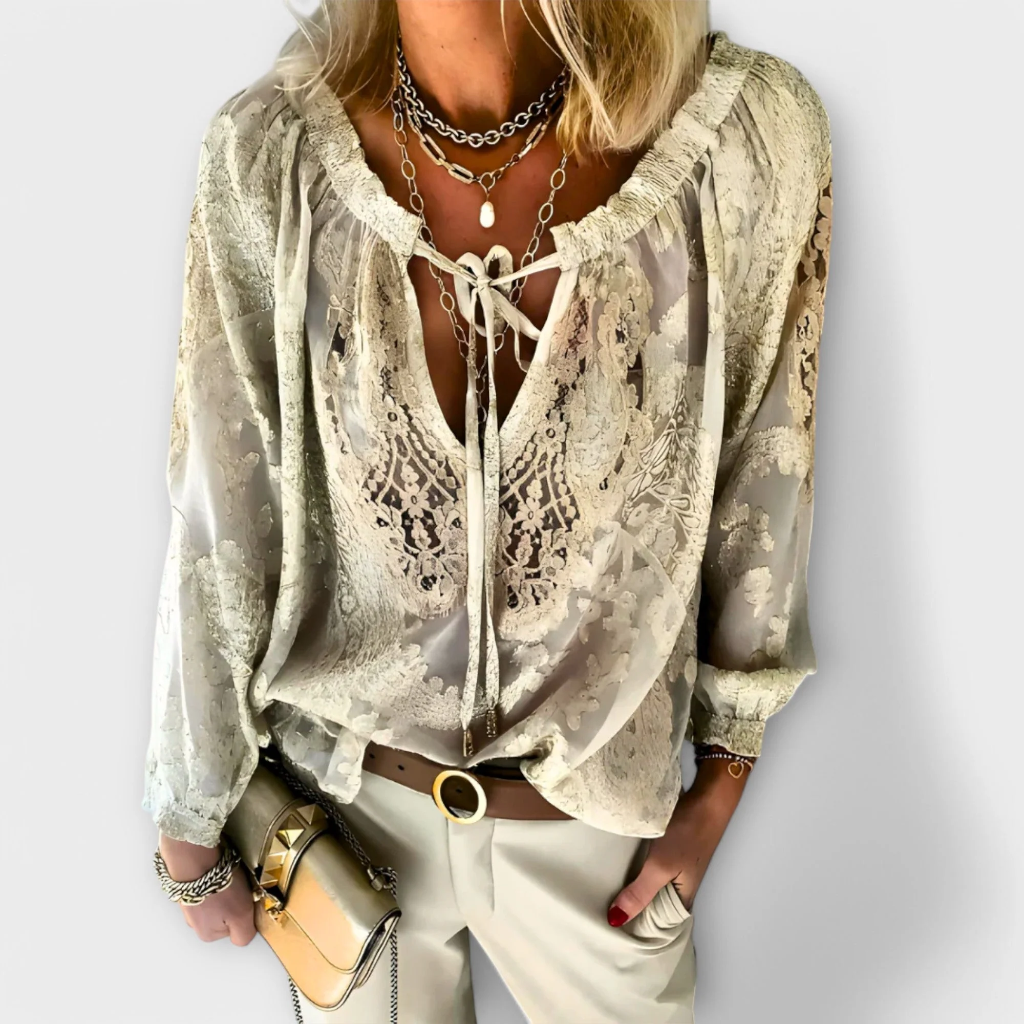 Zeleste | Women's Lace V-Neck Blouse Long Sleeve Boho Top - Image 4